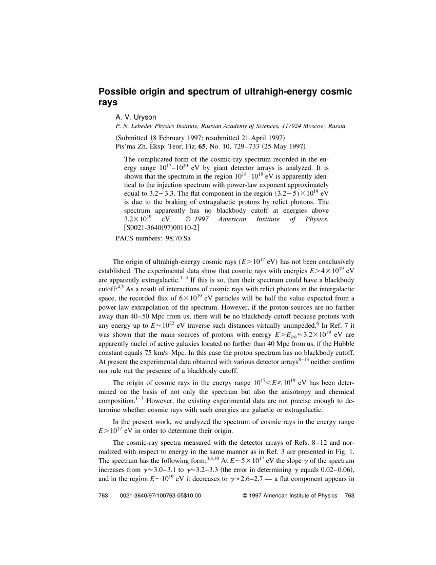 Pdf Ultrahigh Energy Cosmic Rays Possible Origin And Spectrum 7030