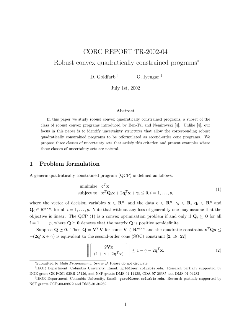 Pdf Robust Convex Quadratically Constrained Programs