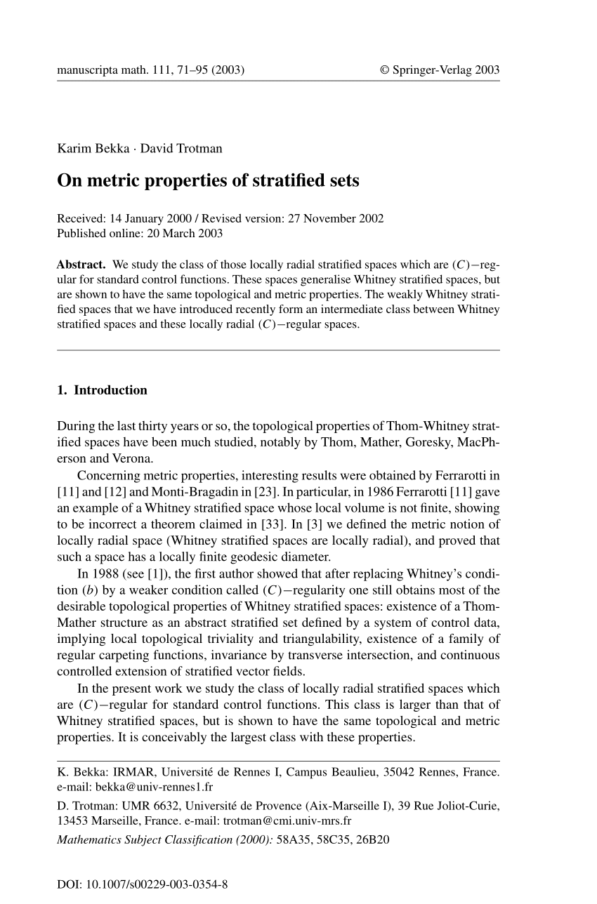 PDF) On metric properties of stratified sets