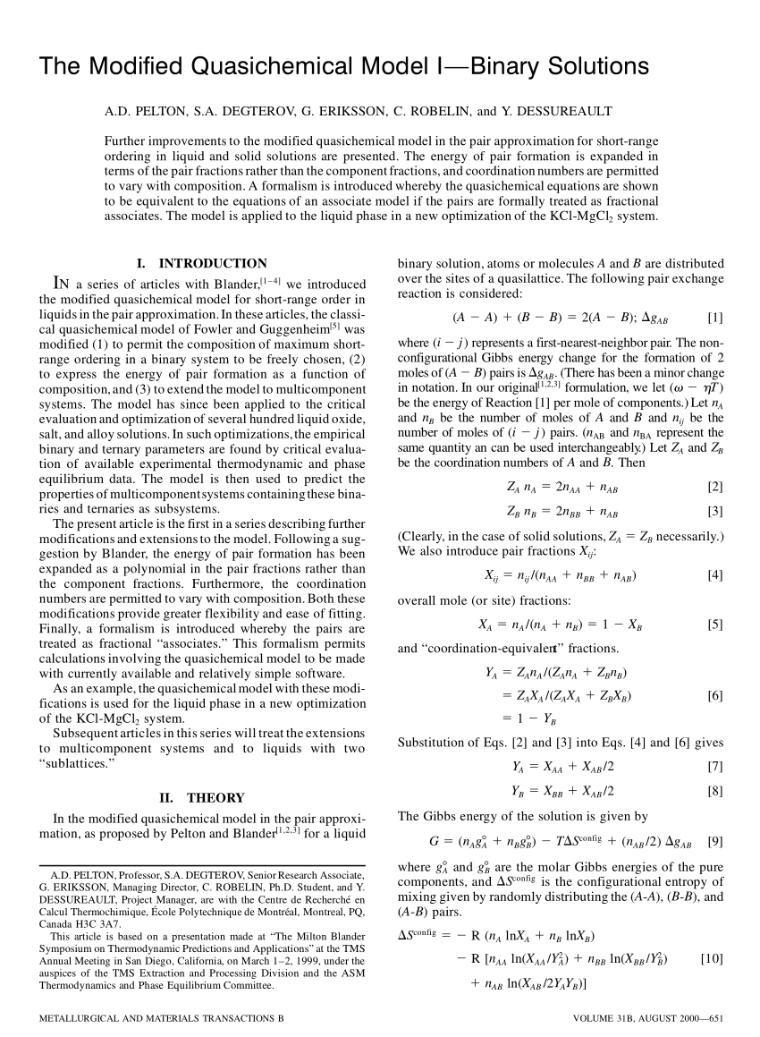 PDF The Modified Quasichemical Model. I Binary Solutions