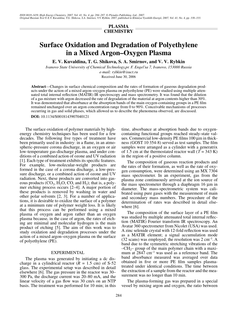 Pdf Surface Oxidation And Degradation Of Polyethylene In A Mixed Argon Oxygen Plasma