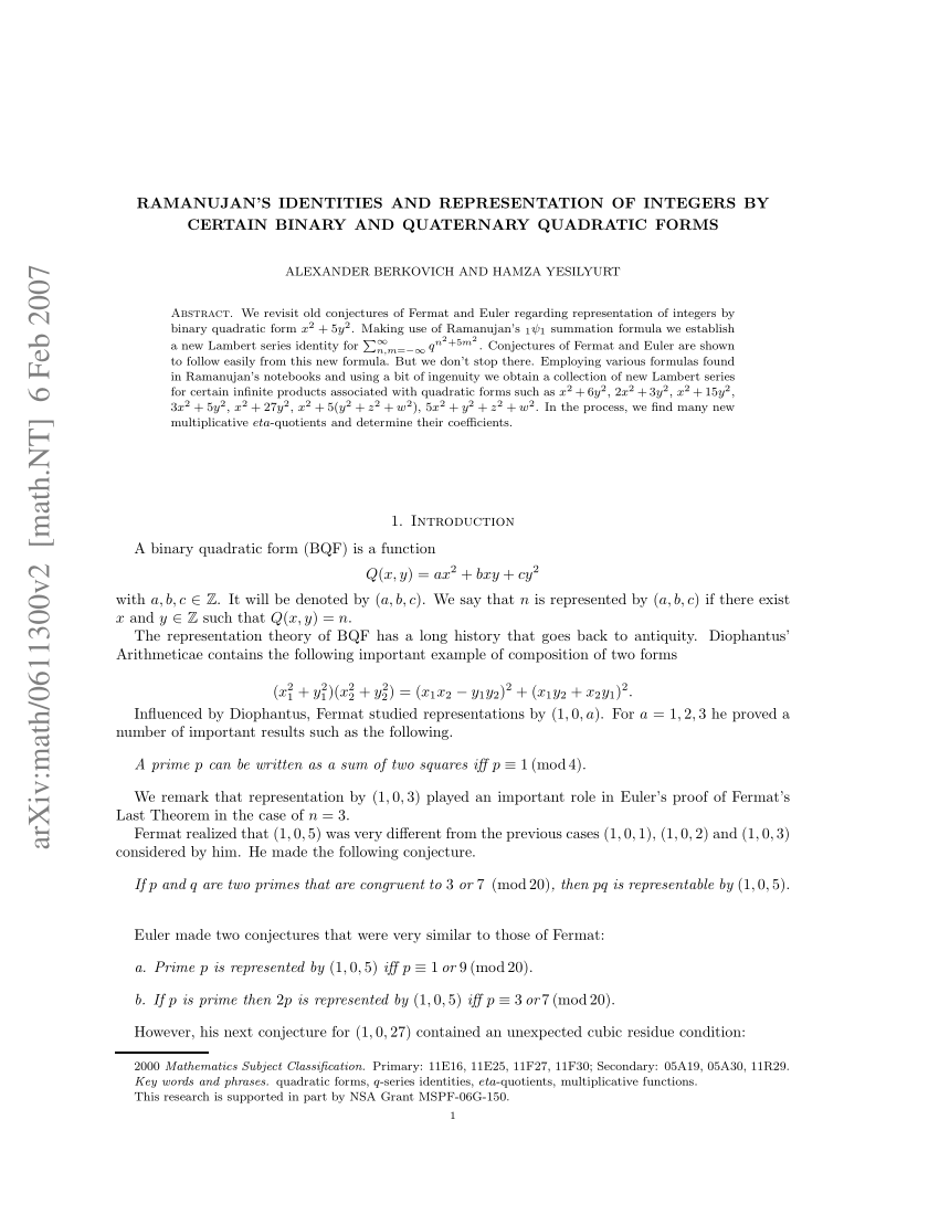 Pdf Ramanujan S Identities And Representation Of Integers By Certain Binary And Quaternary Quadratic Forms