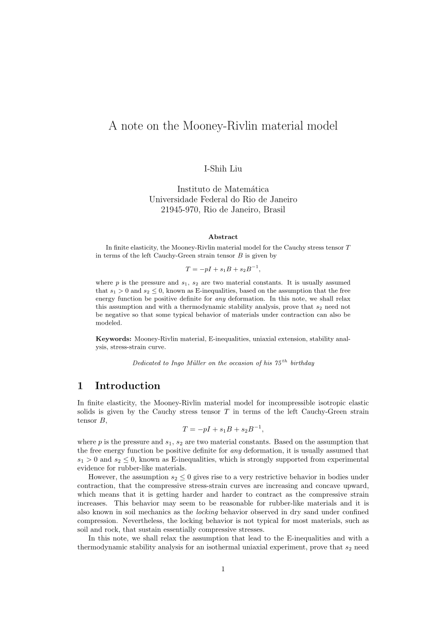 Pdf A Note On The Mooney Rivlin Material Model