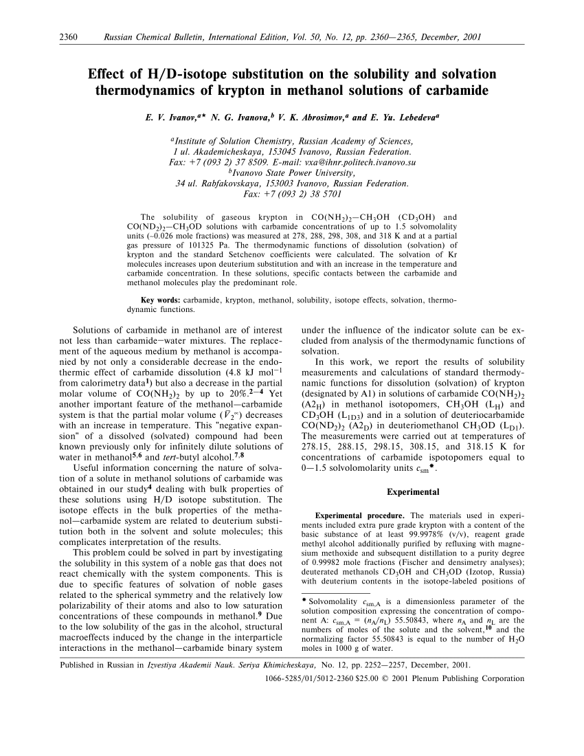 Pdf Effect Of H D Isotope Substitution On The Solubility And Solvation Thermodynamics Of Krypton In Methanol Solutions Of Carbamide