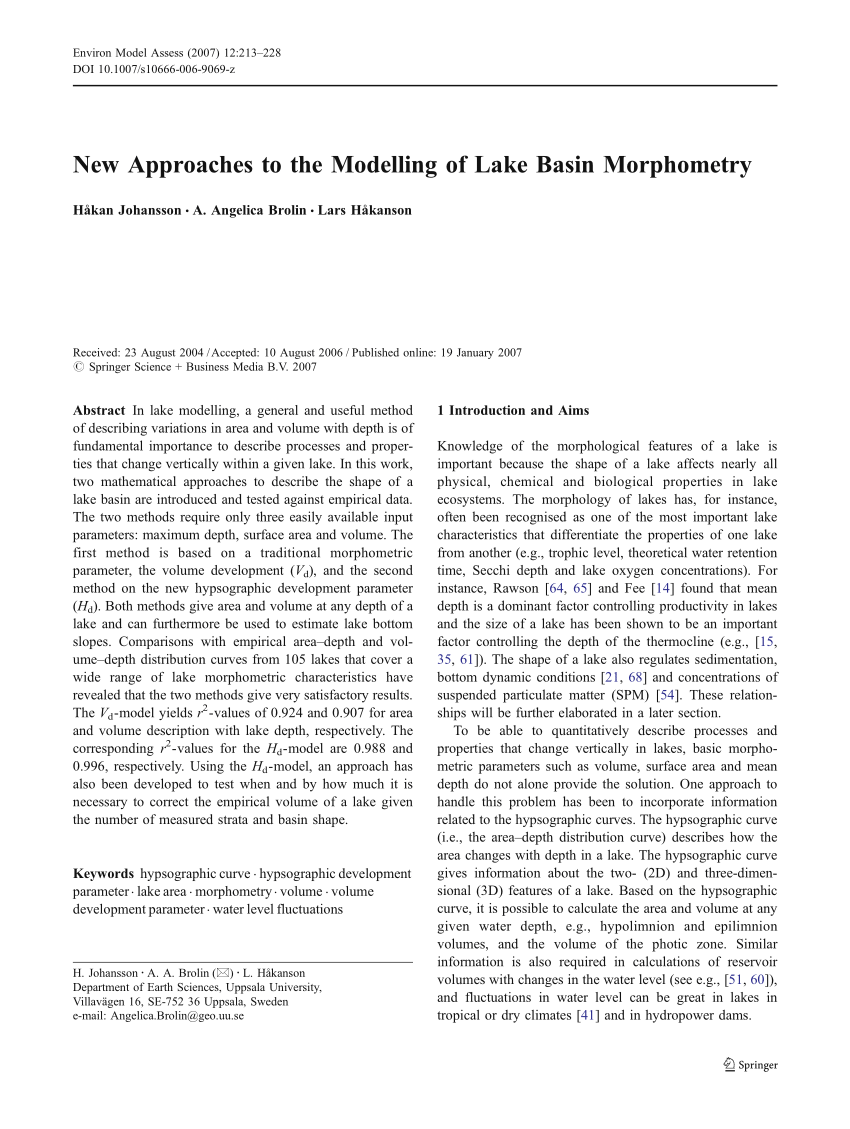 Pdf New Approaches To The Modelling Of Lake Basin Morphometry