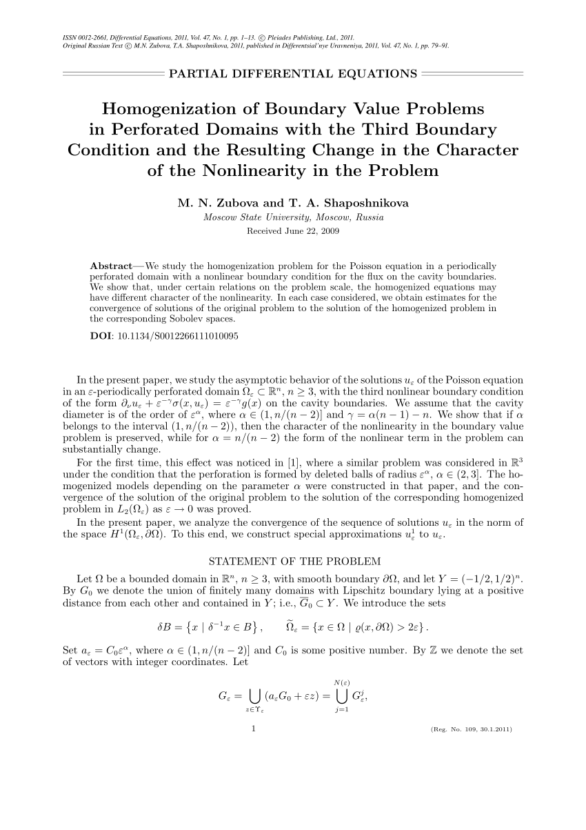 Pdf Homogenization Of Boundary Value Problems In Perforated Domains With The Third Boundary Condition And The Resulting Change In The Character Of The Nonlinearity In The Problem