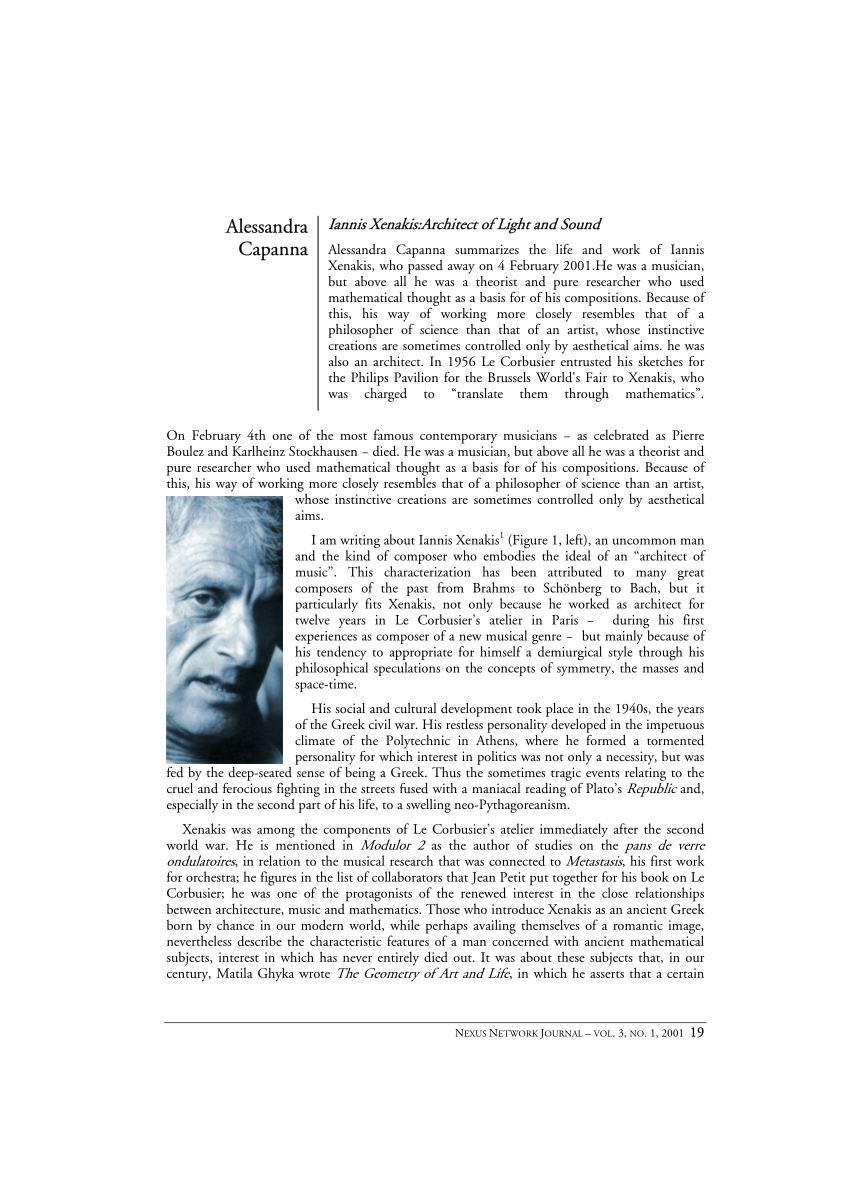 Pdf Iannis Xenakis Architect Of Light And Sound