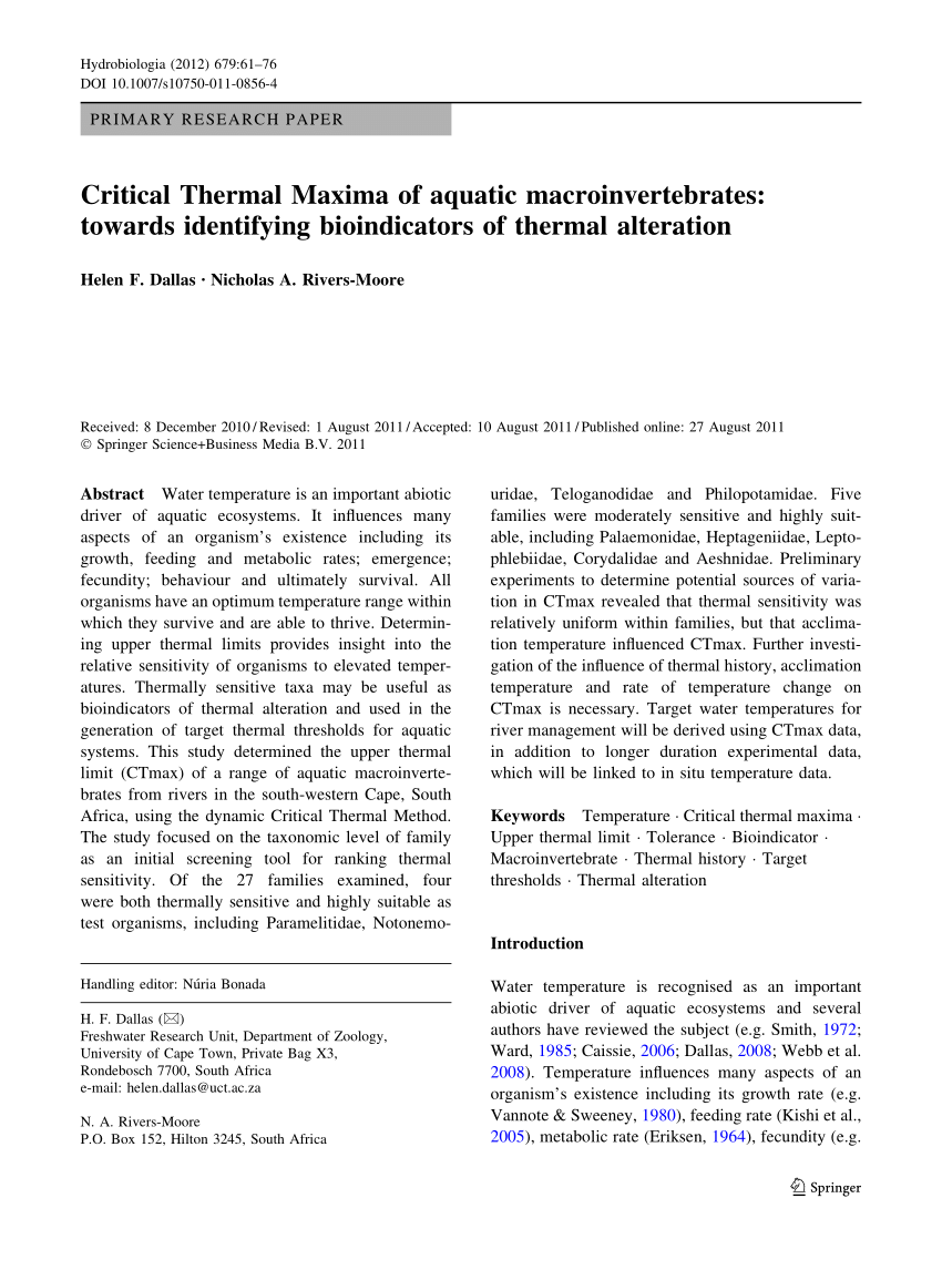 Pdf Critical Thermal Maxima Of Aquatic Macroinvertebrates Towards Identifying Bioindicators Of Thermal Alteration