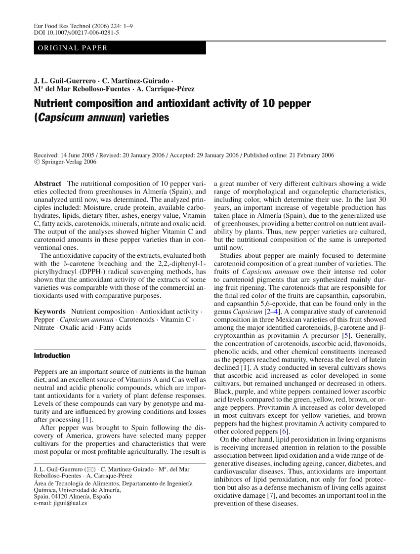 Pdf Nutrient Composition And Antioxidant Activity Of 10 Pepper Capsicum Annuun Varieties