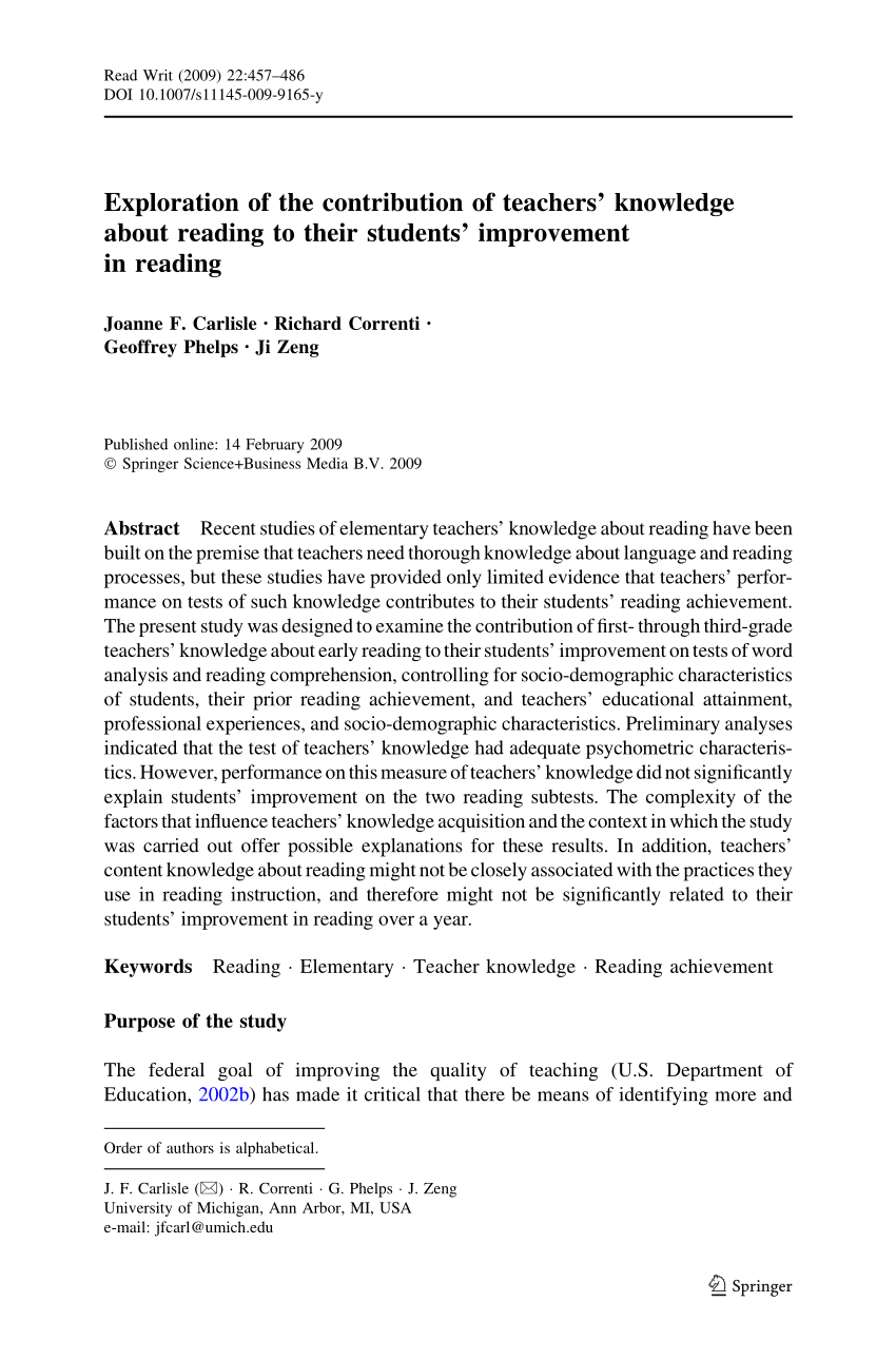 Pdf) Exploration Of The Contribution Of Teachers' Knowledge About Reading  To Their Students' Improvement In Reading