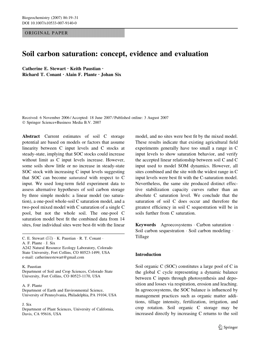 Pdf Soil Carbon Saturation Concept Evidence And Evaluation