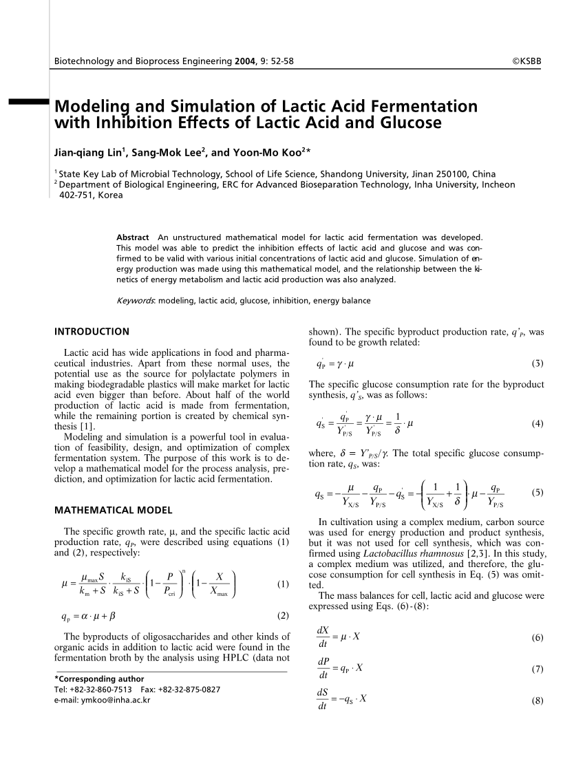 Pdf Modeling And Simulation Of Lactic Acid Fermentation With Inhibition Effects Of Lactic Acid And Glucose