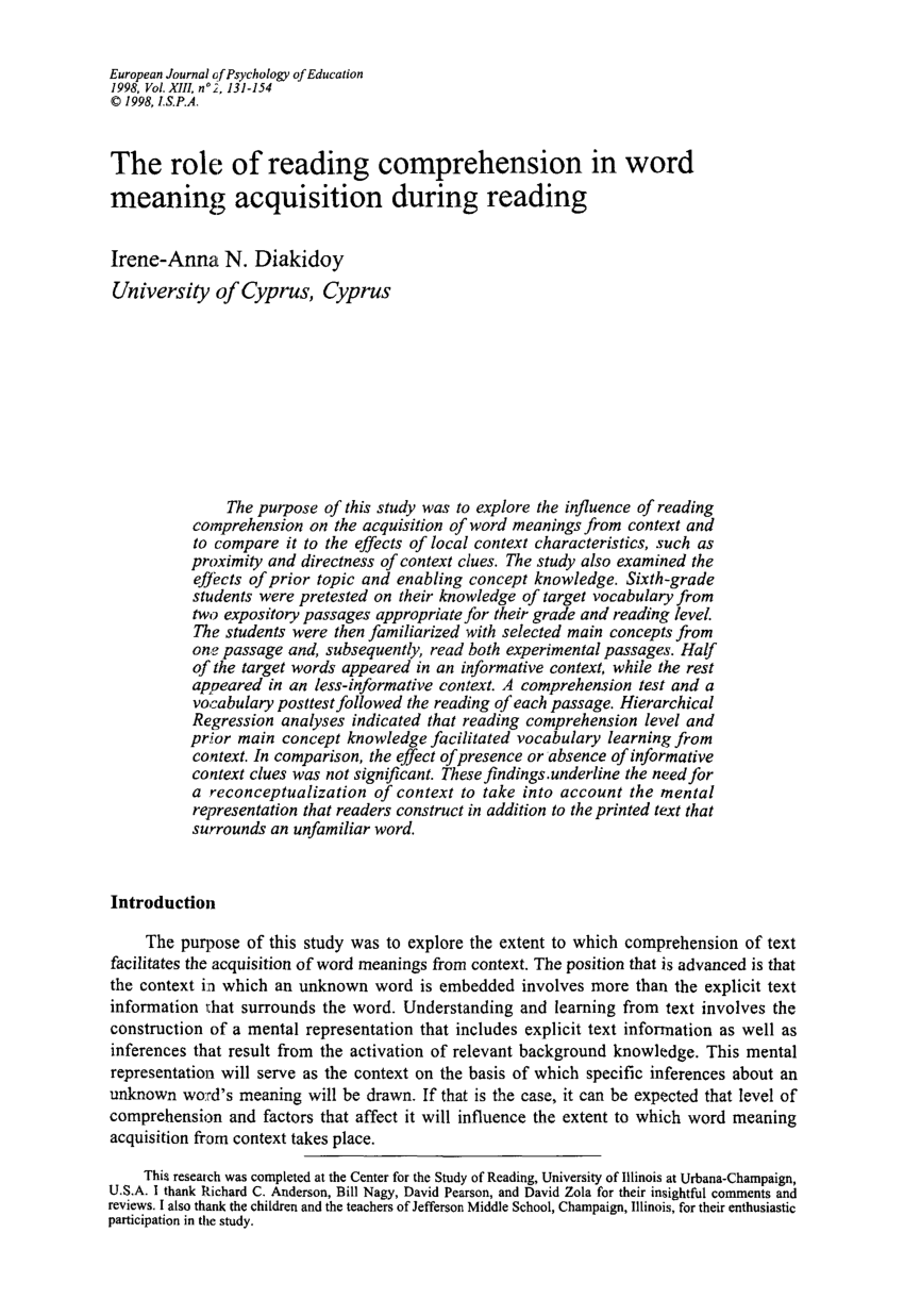 Pdf The Role Of Reading Comprehension In Word Meaning Acquisition During Reading