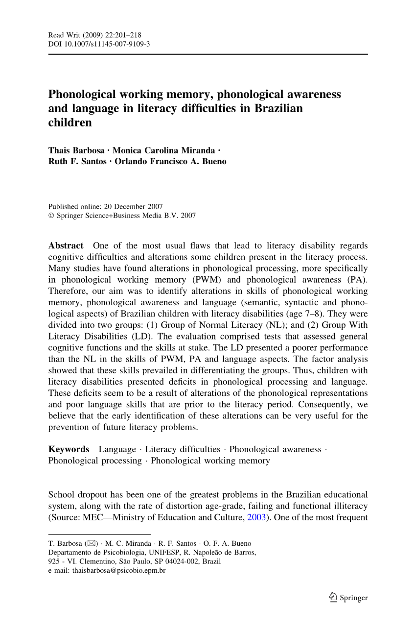 Pdf Phonological Working Memory Phonological Awareness And Language In Literacy Difficulties In Brazilian Children