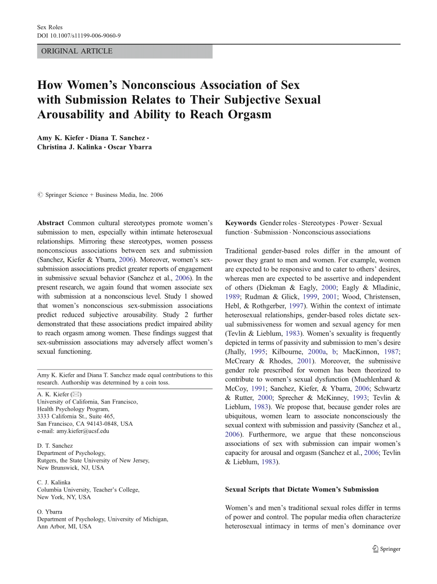 PDF) How Womens Nonconscious Association of Sex with Submission Relates to Their Subjective Sexual Arousability and Ability to Reach Orgasm