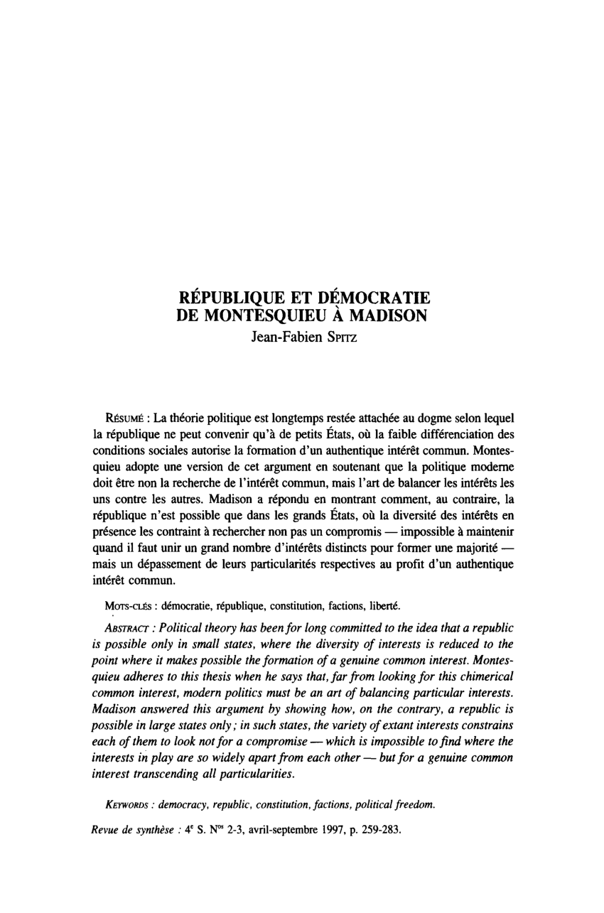 Pdf Republique Et Democratie De Montesquieu A Madison