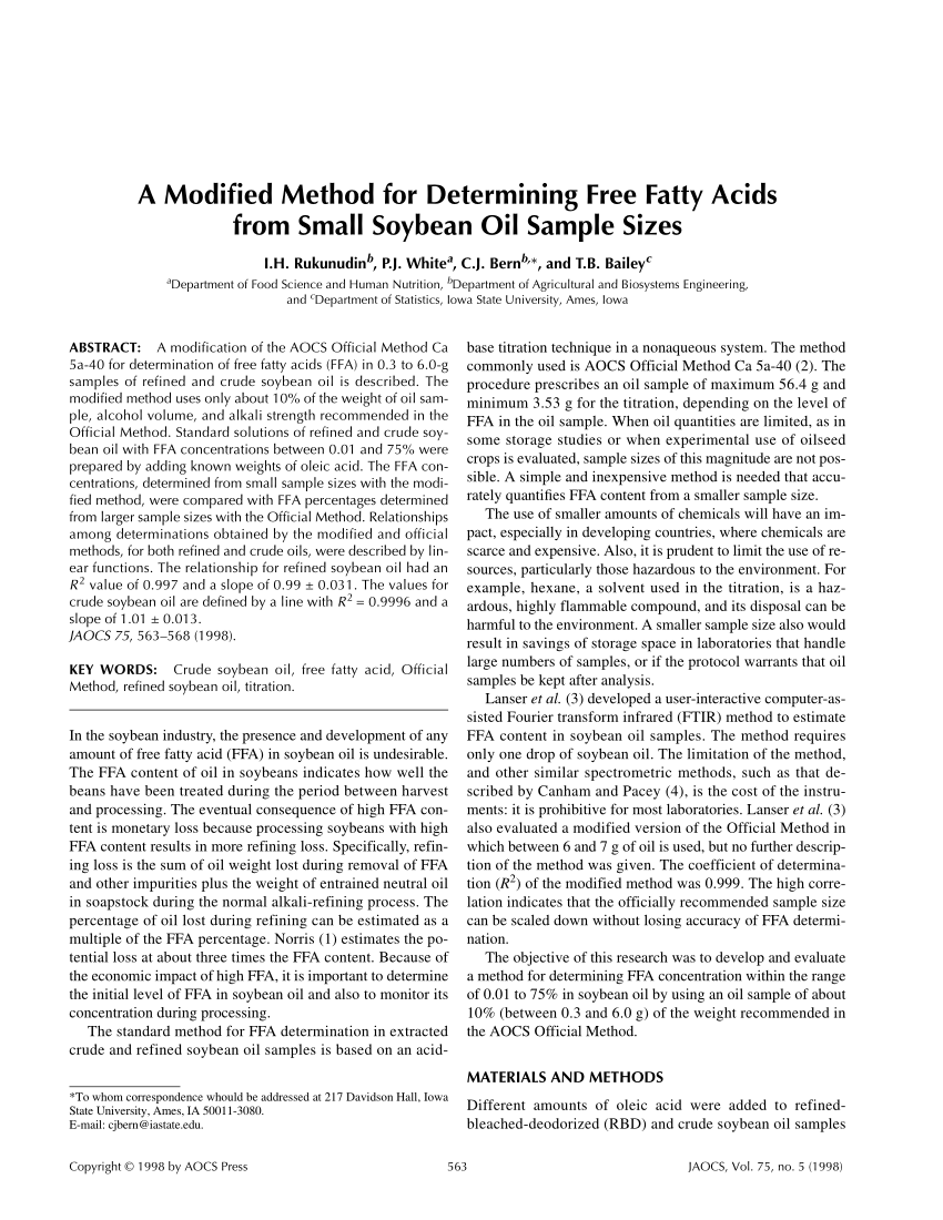 Pdf A Modified Method For Determining Free Fatty Acids From Small Soybean Sample Sizes