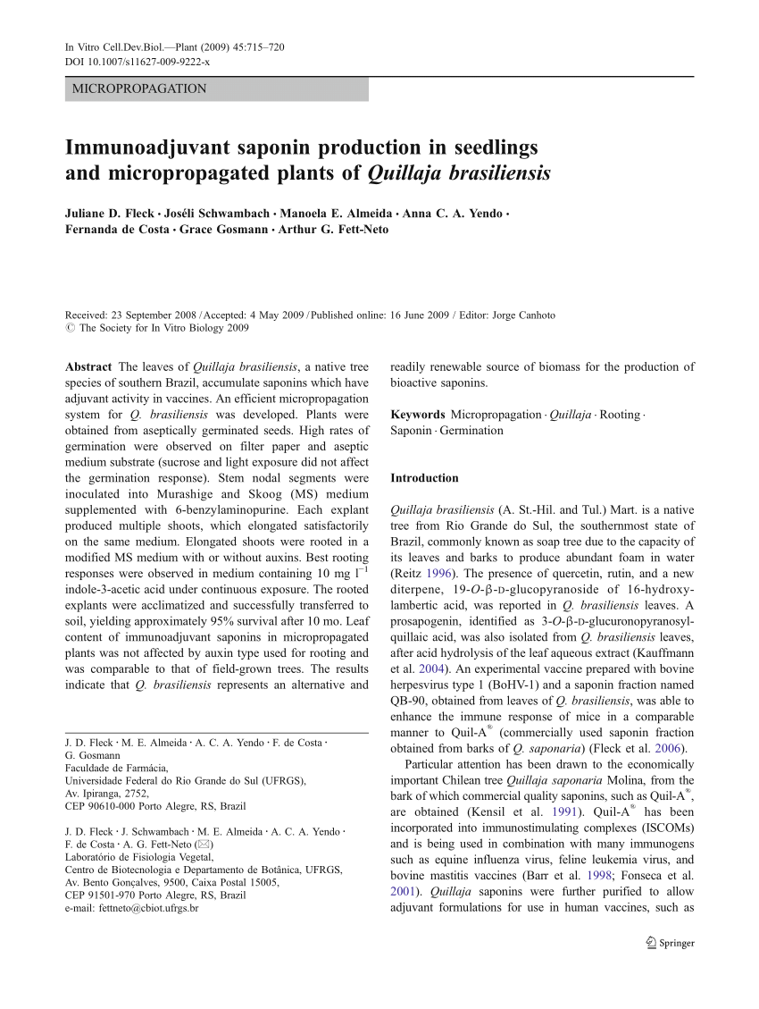 Pdf Immunoadjuvant Saponin Production In Seedlings And Micropropagated Plants Of Quillaja Brasiliensis