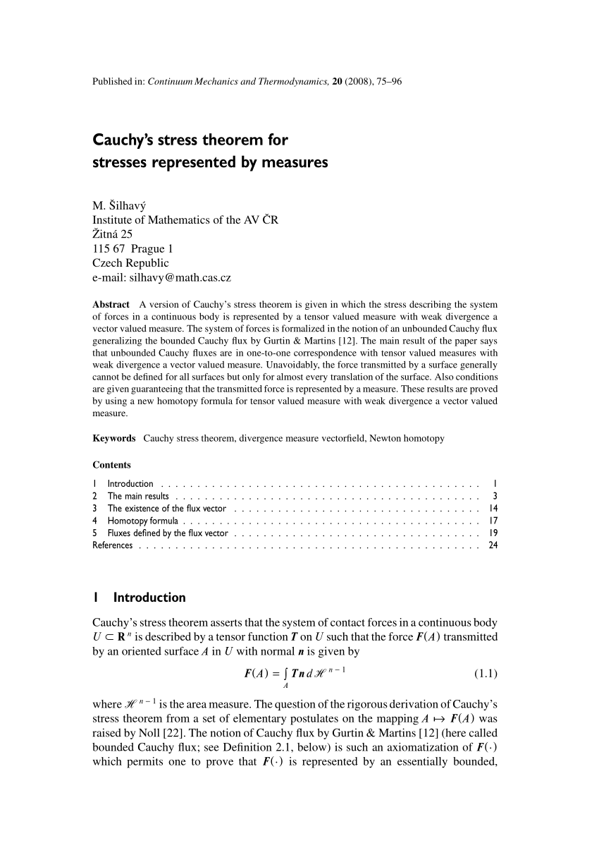 Pdf Cauchy S Stress Theorem For Stresses Represented By Measures