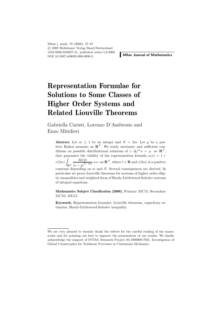 Pdf Representation Formulae For Solutions To Some Classes Of Higher Order Systems And Related Liouville Theorems
