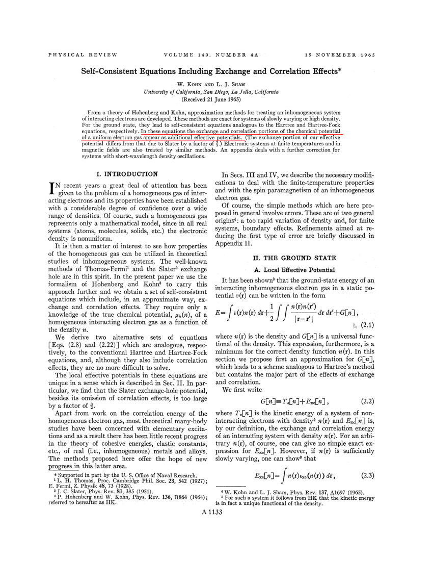 Pdf Perspective On Self Consistent Equations Including Exchange And Correlation Effects Kohn W Sham Lj 1965 Phys Rev A 140 133 1138