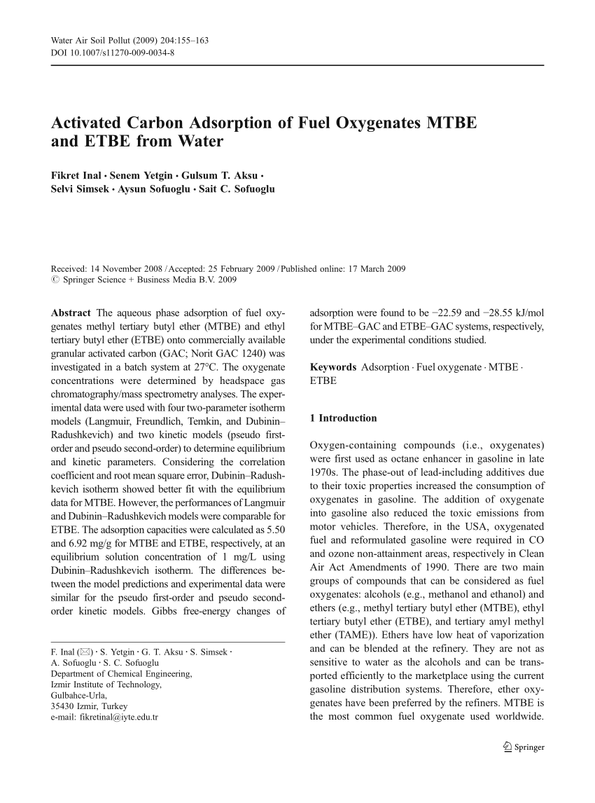 Pdf Activated Carbon Adsorption Of Fuel Oxygenates Mtbe And Etbe From Water