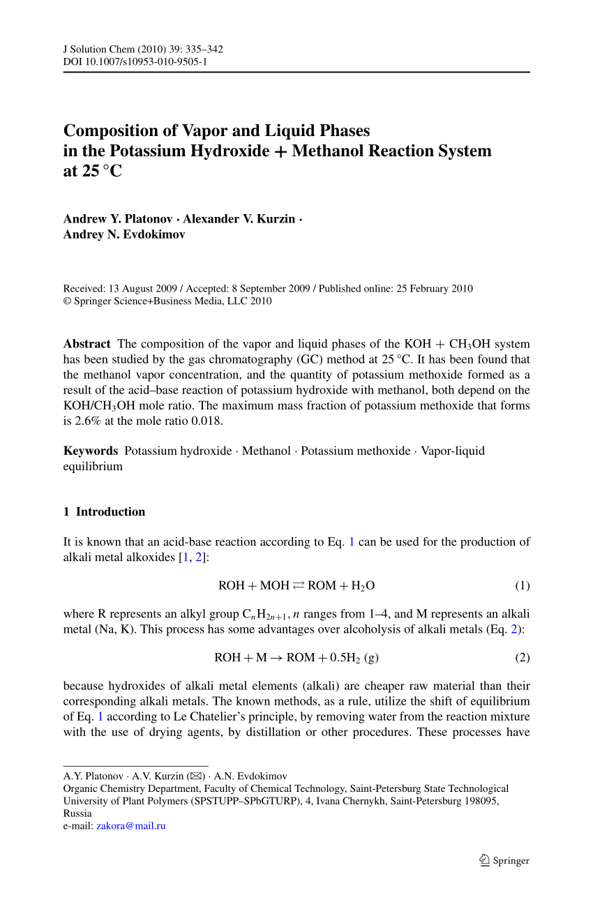 Pdf Composition Of Vapor And Liquid Phases In The Potassium Hydroxide Methanol Reaction System At 25 C