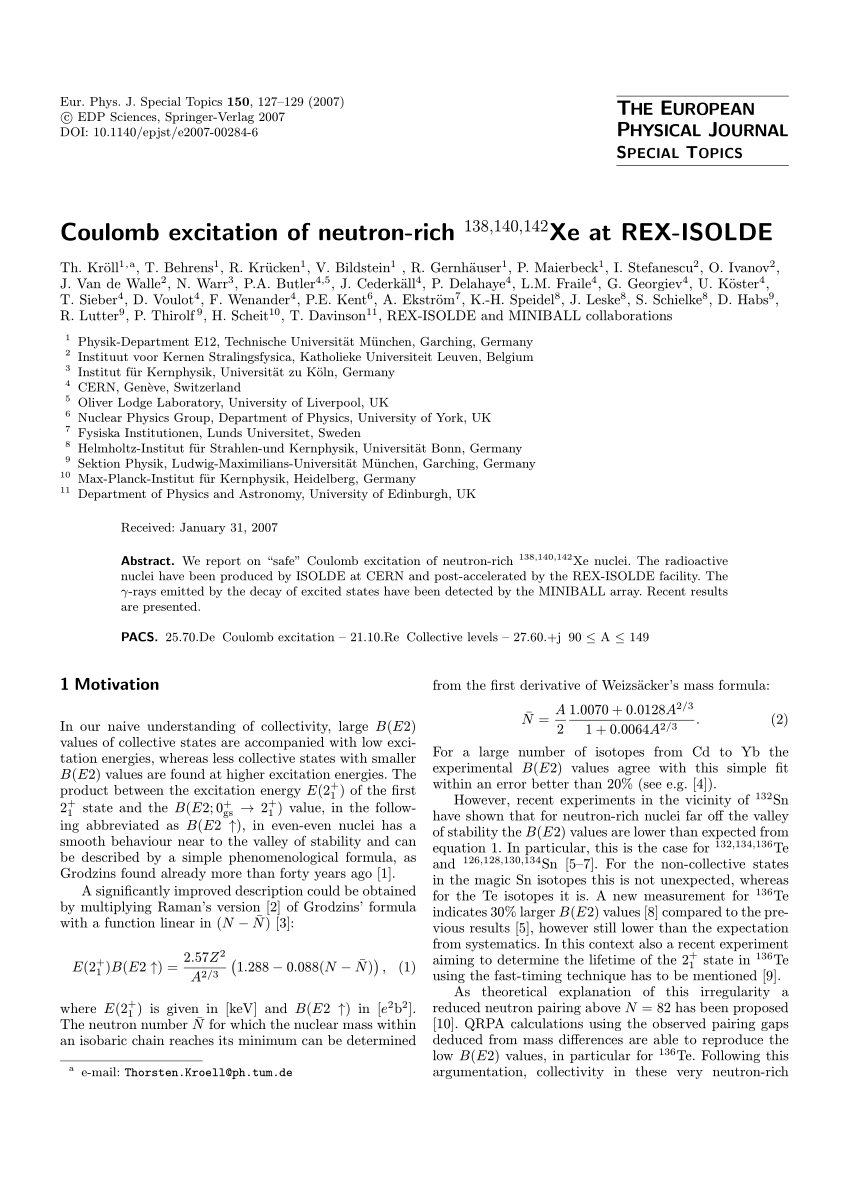 Pdf Coulomb Excitation Of Neutron Rich 138 140 142xe At Rex Isolde