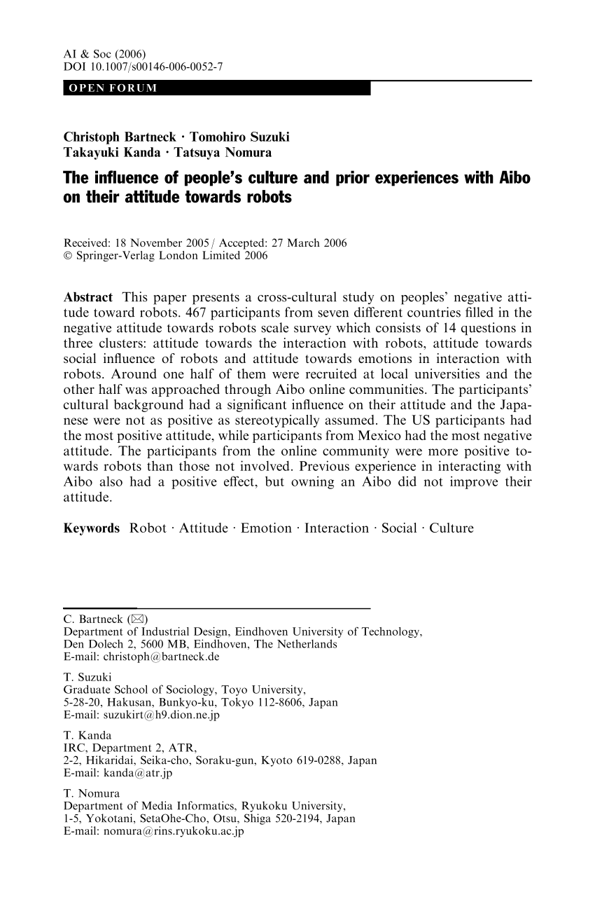 PDF) The influence of people's and experiences with Aibo on their attitude robots