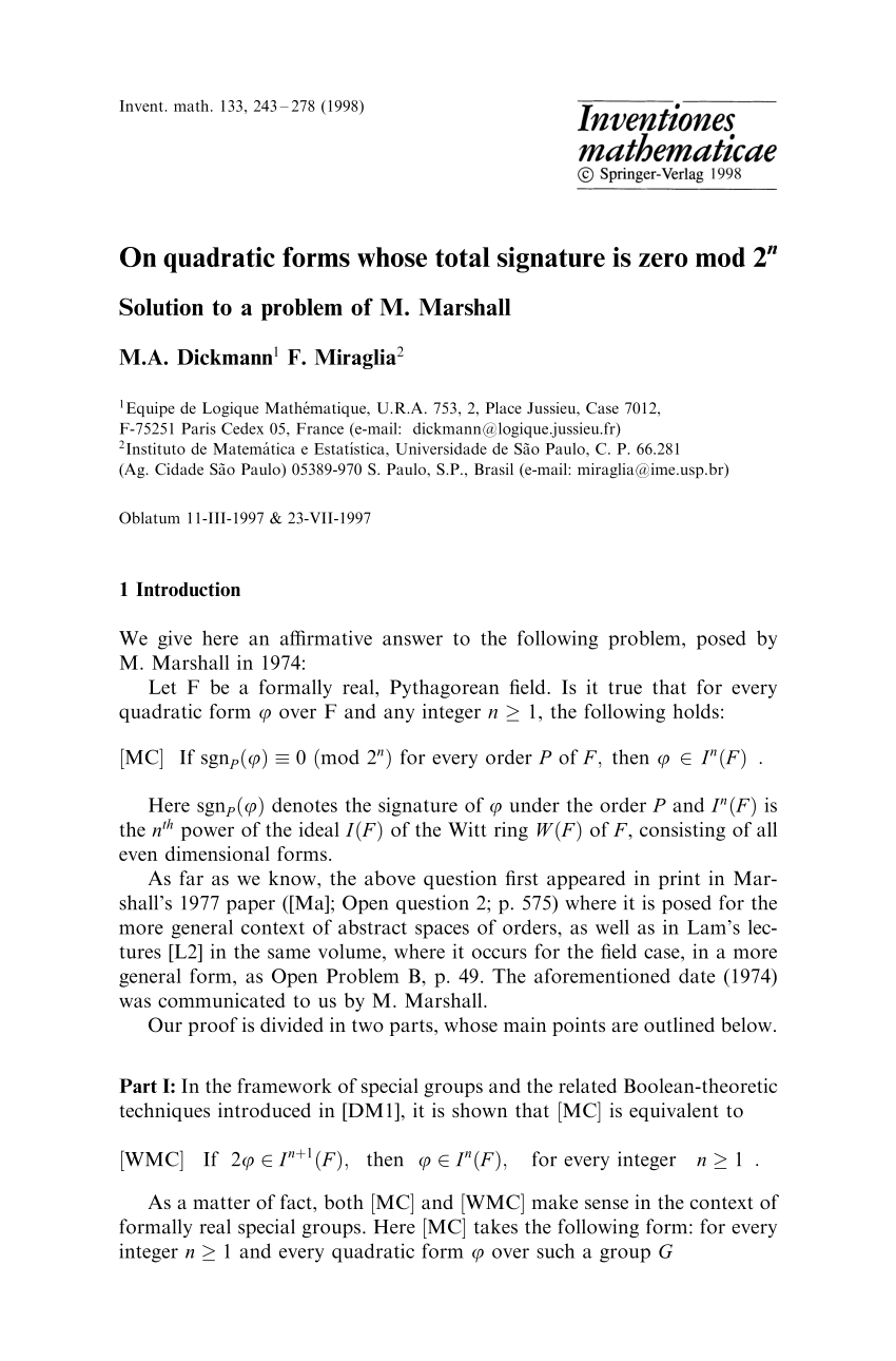 Pdf On Quadratic Forms Whose Total Signature Is Zero Mod 2nsolution To A Problem Of M Marshall