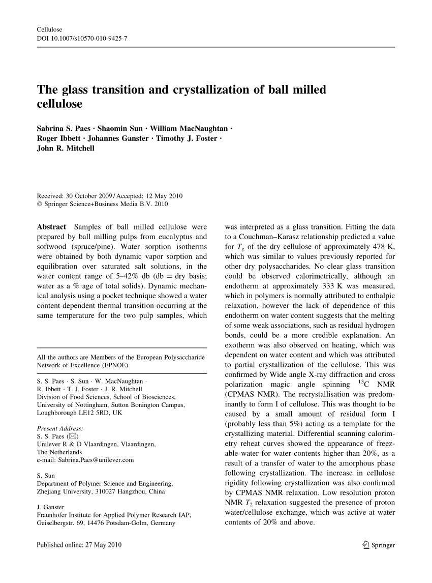 Pdf The Glass Transition And Crystallization Of Ball Milled Cellulose