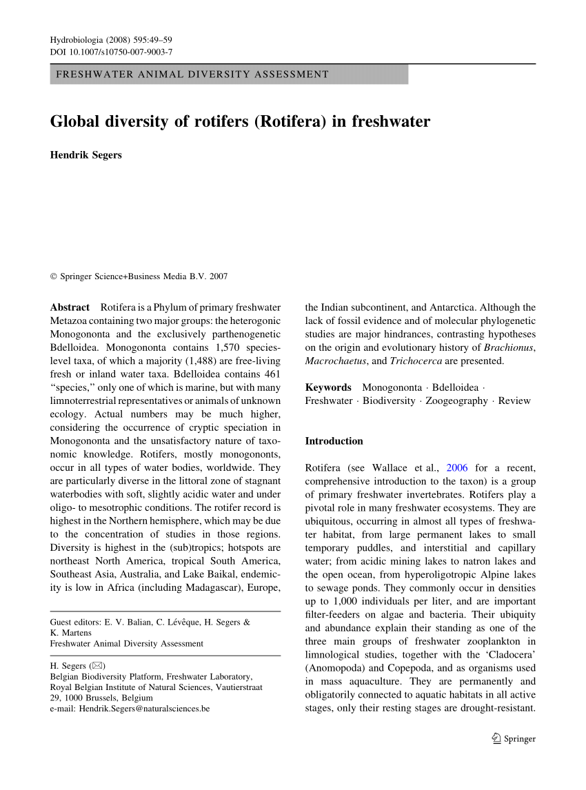 PDF) Global diversity of rotifers (Phylum Rotifera) in freshwater