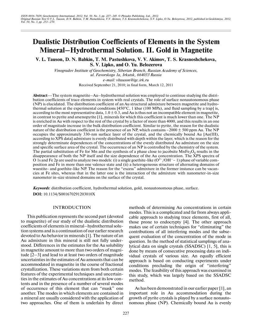 Pdf Dualistic Distribution Coefficients Of Elements In The System Mineral Hydrothermal Solution Ii Gold In Magnetite