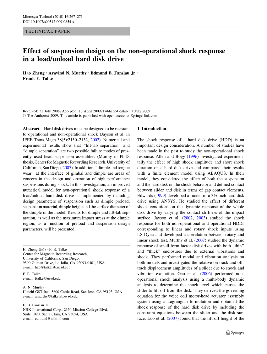 Pdf Effect Of Suspension Design On The Non Operational Shock Response In A Load Unload Hard Disk Drive