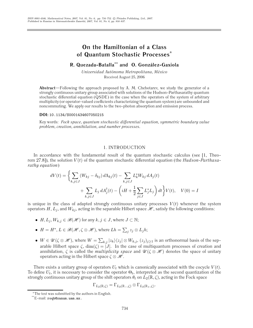 Pdf On The Hamiltonian Of A Class Of Quantum Stochastic Processes