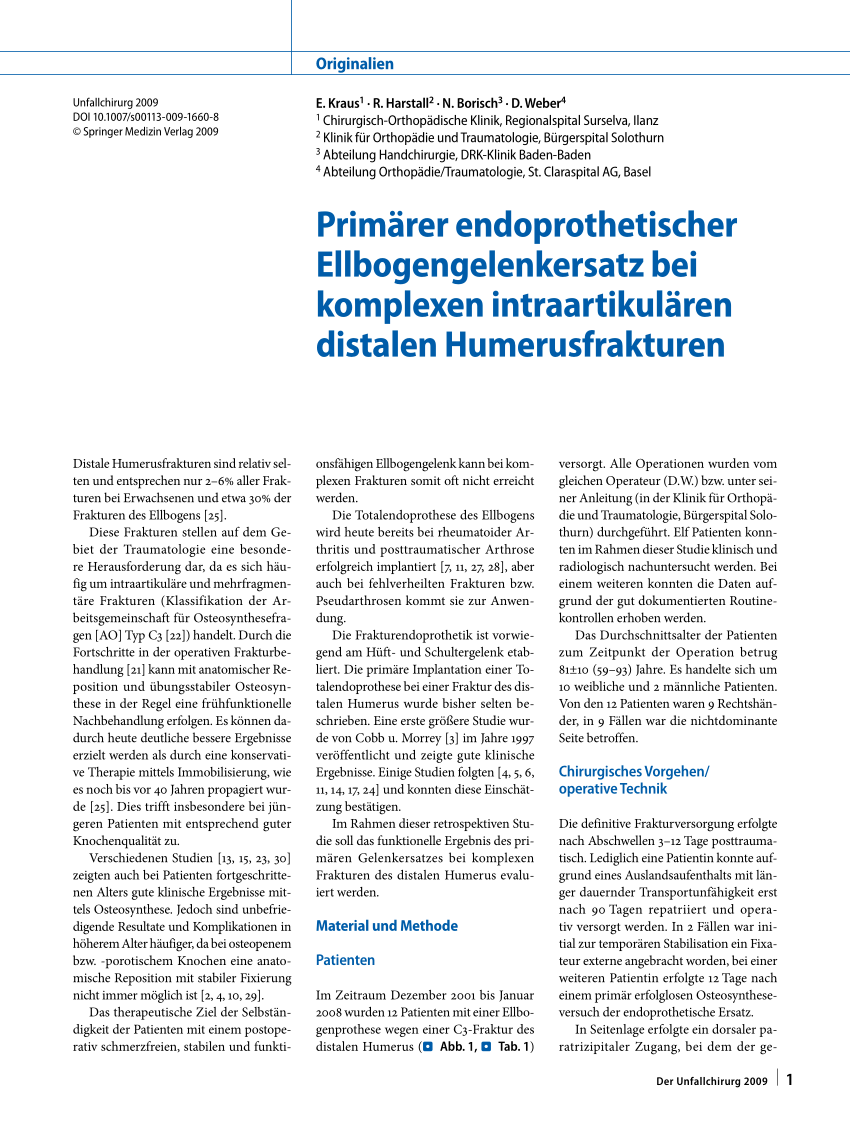 PDF Primärer endoprothetischer Ellbogengelenkersatz bei komplexen intraartikulären distalen Humerusfrakturen