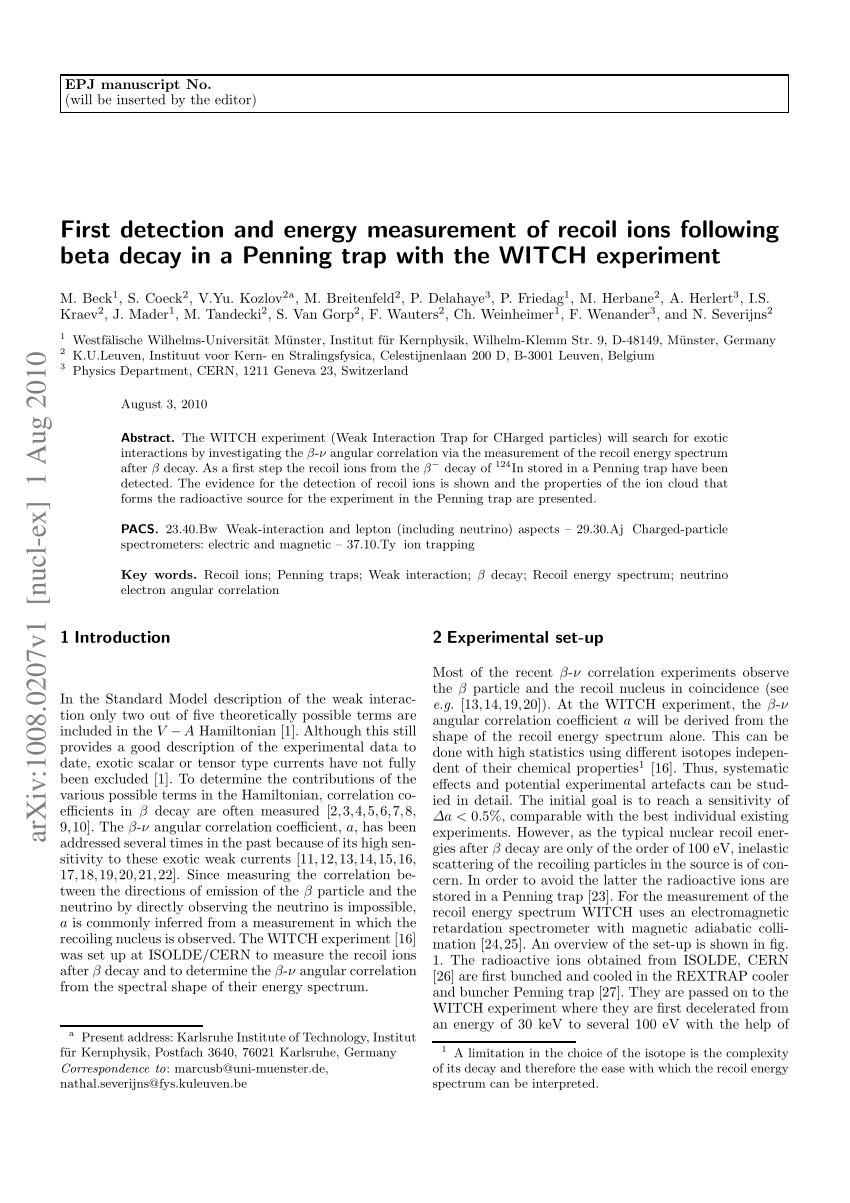 Pdf First Detection And Energy Measurement Of Recoil Ions Following Beta Decay In A Penning Trap With The Witch Experiment