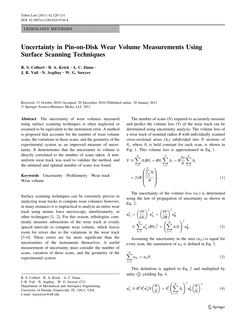 Pdf Uncertainty In Pin On Disk Wear Volume Measurements Using Surface Scanning Techniques