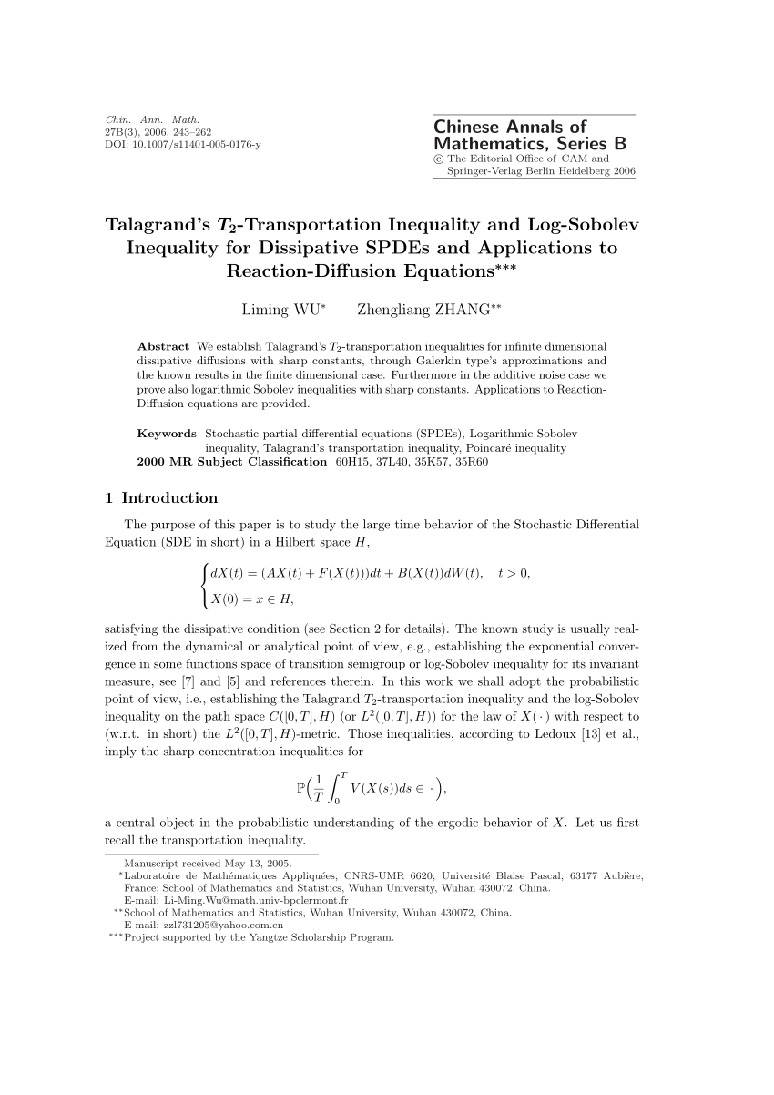 Pdf Talagrand S T 2 Transportation Inequality And Log Sobolev Inequality For Dissipative Spdes And Applications To Reaction Diffusion Equations