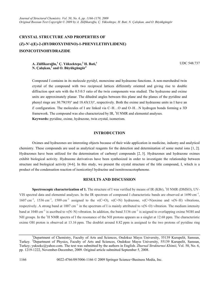 Pdf Crystal Structure And Properties Of Z N E 2 Hydroxyimino 1 Phenylethylidene Isonicotinohydrazide