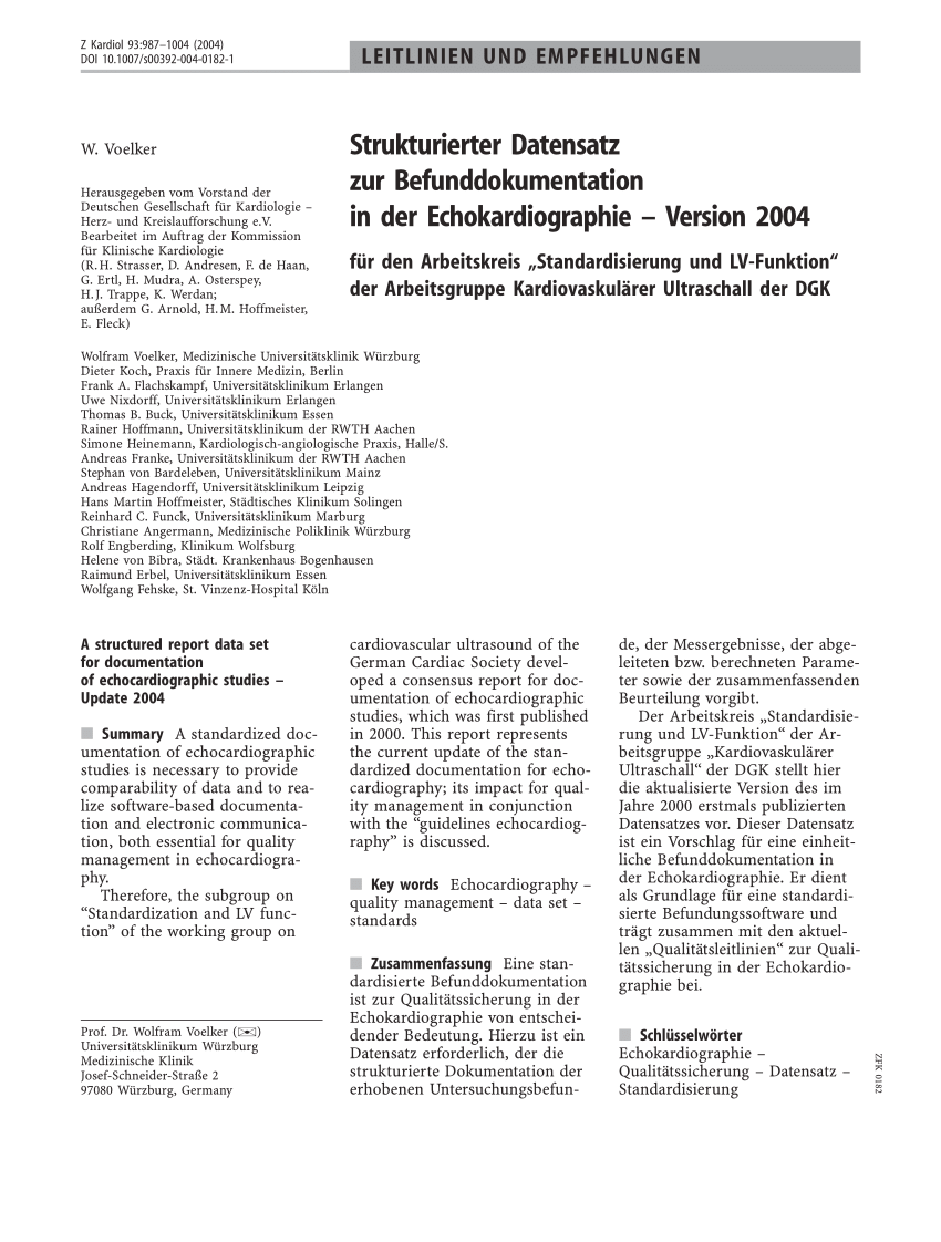 Pdf Strukturierter Datensatz Zur Befunddokumentation In Der Echokardiographie Version 2004