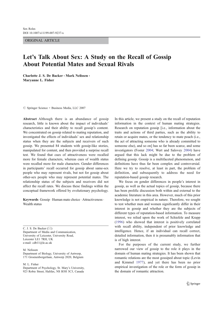 Pdf Let S Talk About Sex A Study On The Recall Of Gossip About Potential Mates And Sexual Rivals