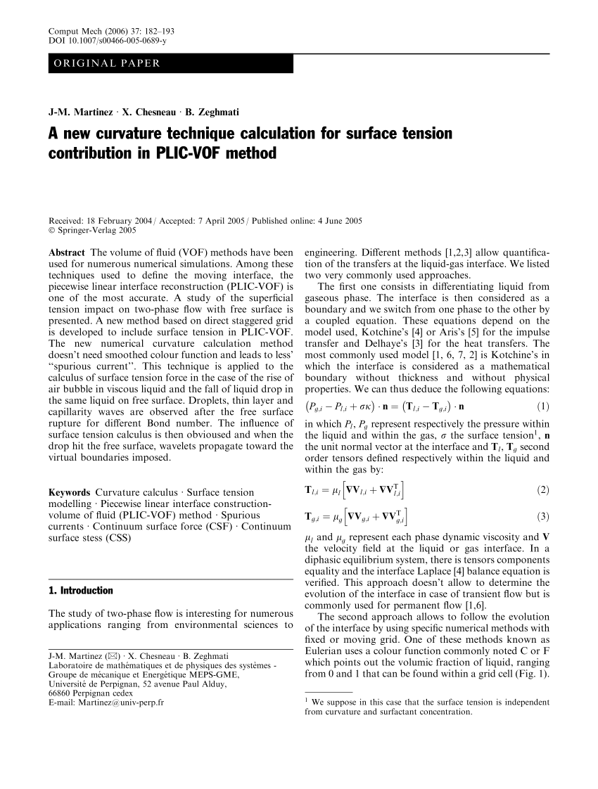 Pdf A New Curvature Technique Calculation For Surface Tension Contribution In Plic Vof Method
