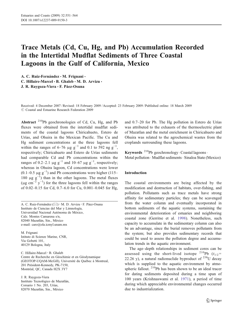 Pdf Trace Metals Cd Cu Hg And Pb Accumulation Recorded In The Intertidal Mudflat Sediments Of Three Coastal Lagoons In The Gulf Of California Mexico