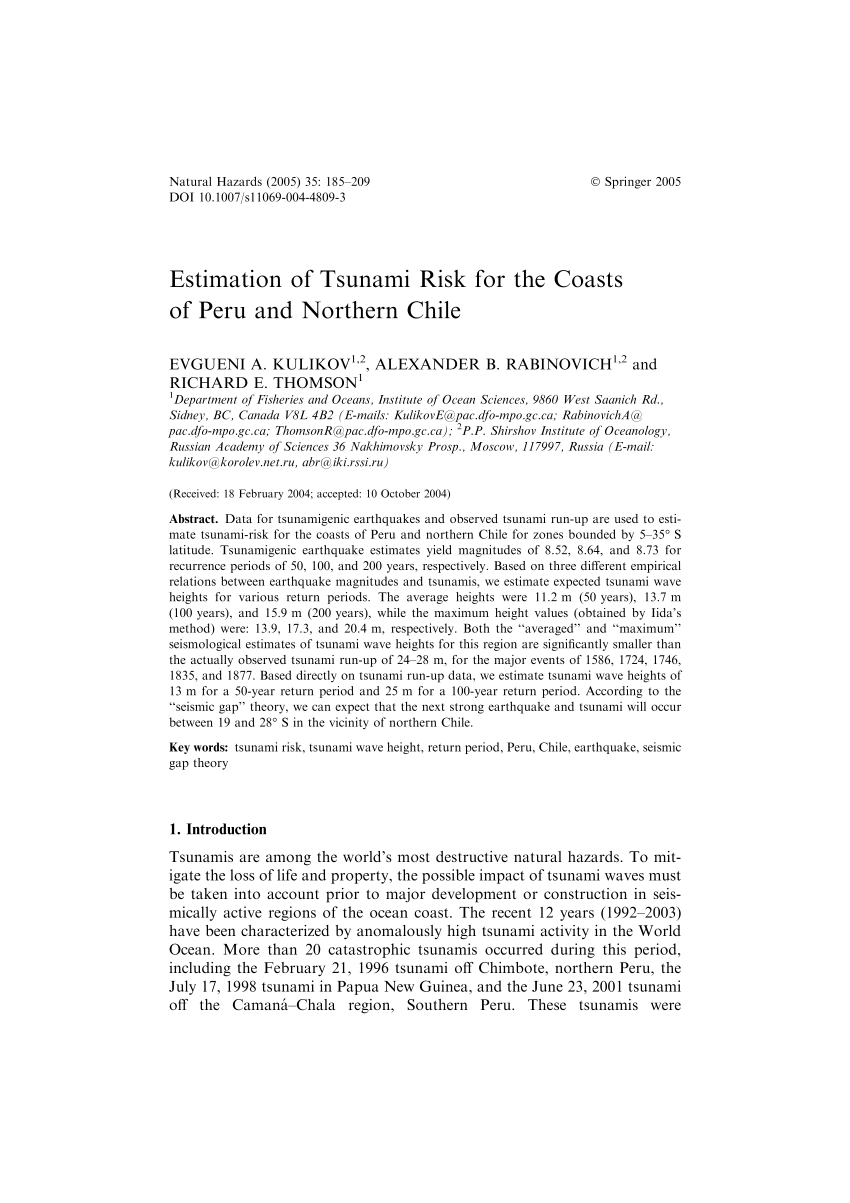 Pdf Estimation Of Tsunami Risk For The Coasts Of Peru And