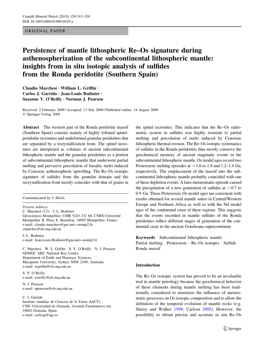 Pdf Persistence Of Mantle Lithospheric Re Os Signature During Asthenospherization Of The Subcontinental Lithospheric Mantle Insights From In Situ Isotopic Analysis Of Sulfides From The Ronda Peridotite Southern Spain