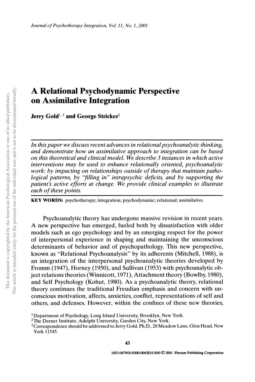 PDF A Relational Psychodynamic Perspective on Assimilative