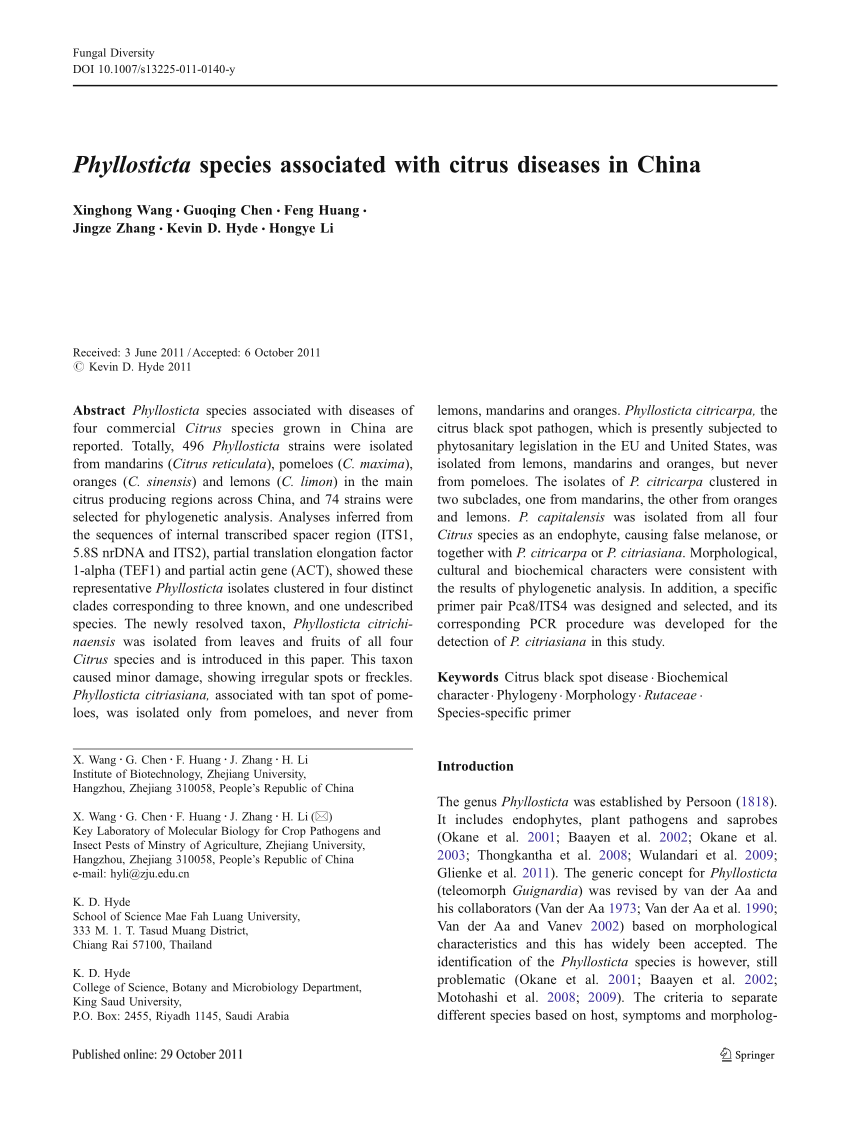 Pdf Phyllosticta Species Associated With Citrus Diseases In China