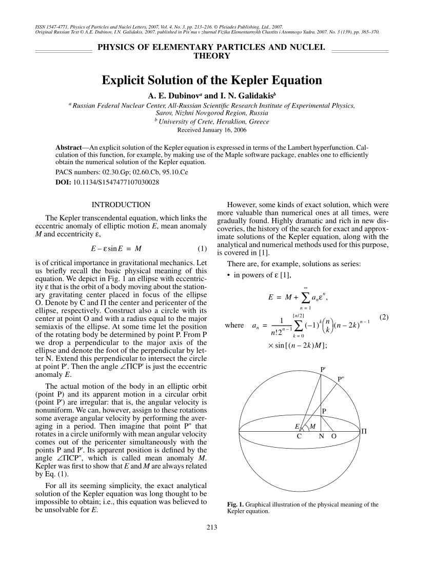 Pdf Explicit Solution Of The Kepler Equation 9595