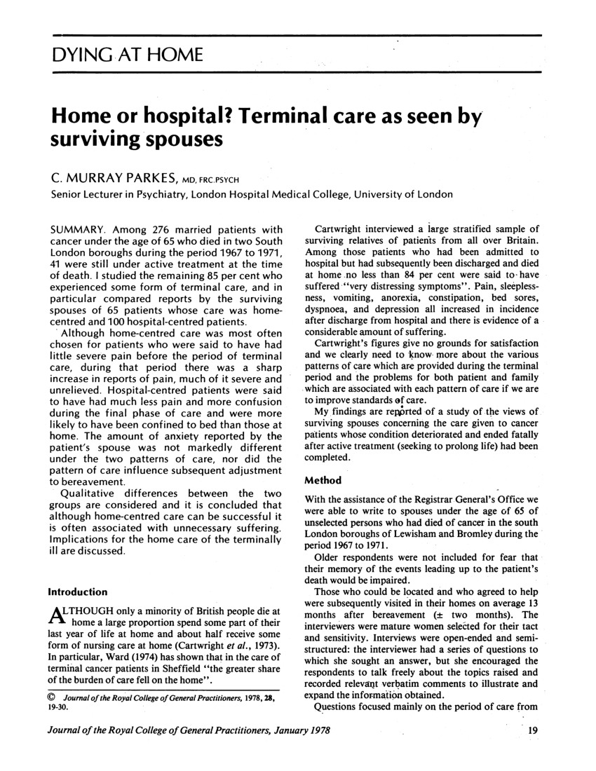 PDF) Home or hospital? Terminal care as seen by surviving spouse